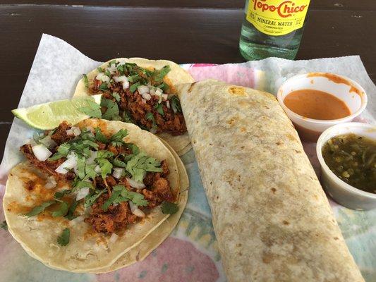 Chorizo and eggs burrito and 2 adobada tacos...so good!!!