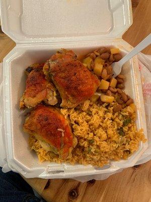 baked chicken, rice and beans, beans and potatoes