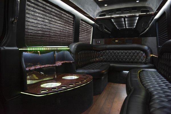 Inside of our luxurious Mercedes Sprinter Limousine (seats 13 passengers).