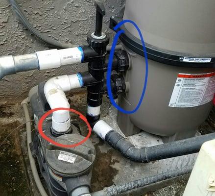 If the connection (in red) was done properly by John, then the filter change (blue) shouldn't have caused the red to leak.