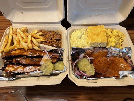 Brisket Plate with Mac and Cheese and Potato Salad. Rib Plate with Fries and Baked Beans.