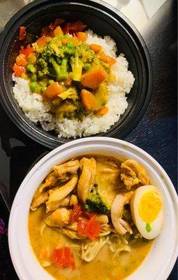 Outstanding Tom Yum Chicken and Curried Vegetables over rice.