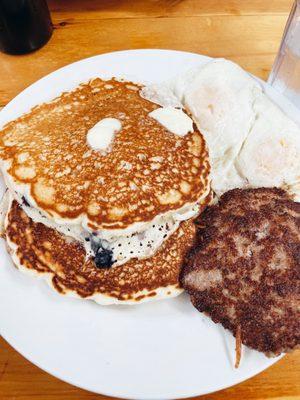 Huckleberry pancakes, patty, eggs