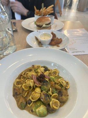 Smash Burger and curry pasta with brussel sprouts