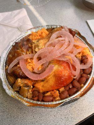 Yellow Rice, Red Beans, Baked Chicken and Sweet Plantain