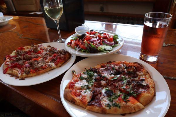 Pastrami and Philly Pizzas with the garden salad, reisling, and the hibiscus beer