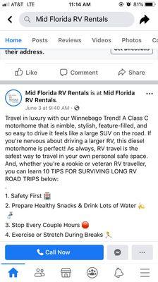 Mid Florida RV Rentals advertising Winnebago Trend powered by a Diesel engine.