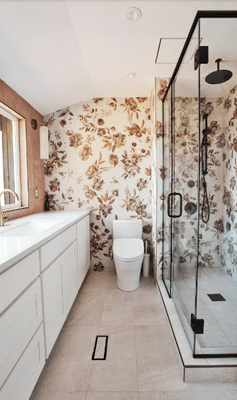 Primary bathroom featuring midcentury elements with modern finishes