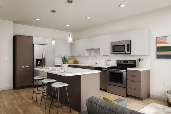 Rendering of the ktichen area with a kitchen island