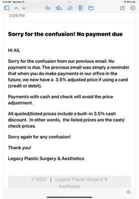 Email from practice saying they're surcharging you for use of credit card.