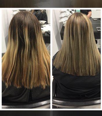 The left picture I had done at another salon. Care made it look like the right picture in one appointment!