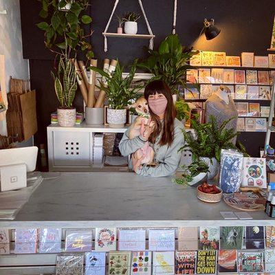 Shop owner Petey and shop pup Sam