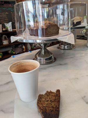 Banana Bread & Oat Milk Latte w cinnamon. In the background, Banana Bread & Chocolate Mayo cake. That Mayo cake was so moist!