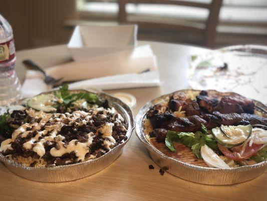 Beef shawarma on the left and the mixed grill platter with chicken, beef, and lamb on the right.