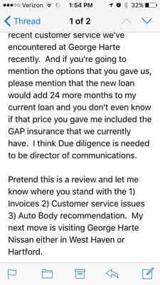 Asking for resolution on unanswered matters. And I did say I would visit the dealership to get them (if she won't answer them)