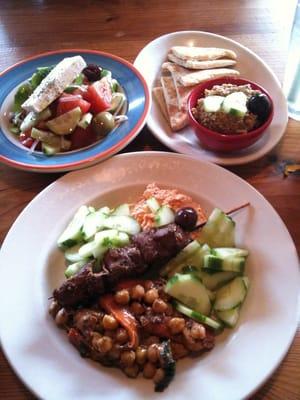 Meza plate, greek salad, Black olive Tapanade.