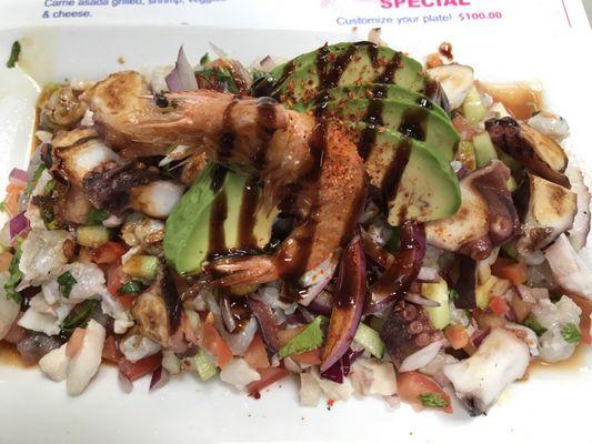 Mixed seafood toastada (shrimp, fish, octopus)