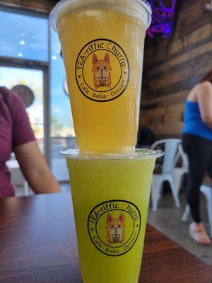 Kumquat green tea and sugar cane juice.