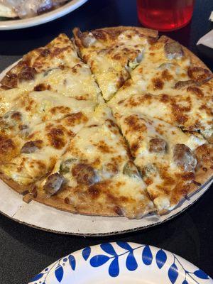 Breakfast sausage jalapeño pizza