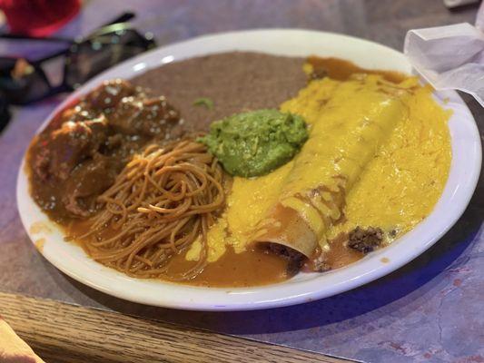 Carne Guisada, cheese enchilada, fideo & beans (The fideo was AMAZING)