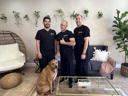 Our Clinical Director, Matt Alavi, with two of our Massage Therapists - Greg Burrola and Aaron Anchondo. Plus Moses, of course!