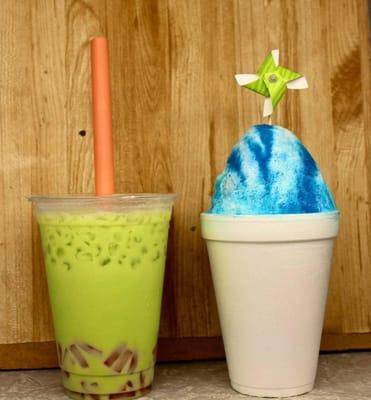 Iced Honeydew with Strawberry Jellies and a Blue Coconut with Cream.