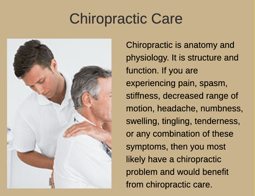 Chiropractic is anatomy and physiology. It is structure and function. If you are experiencing pain, spasm, stiffness.