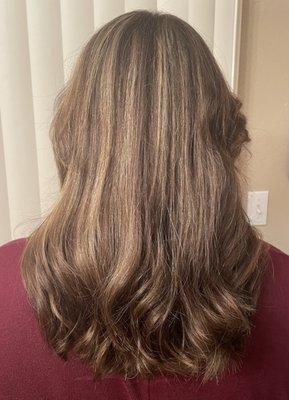 Curtain bangs, trim, golden/caramel highlights