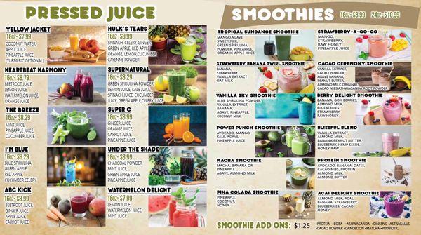 Cold press juice & smoothies menu