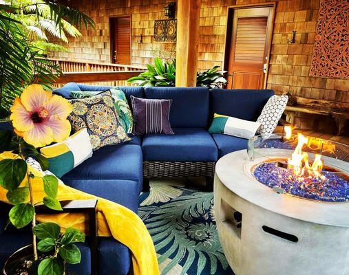 Beautiful seating area and fire table on the common space lanai.