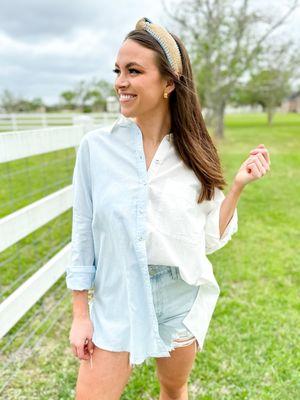 Blue and White Long Sleeve Button Up