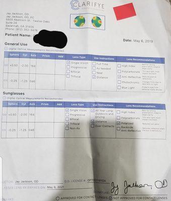 This is the prescription I got from Lens crafter and now thanks to them I can see!!! Best doctor at Lens Crafters!!!