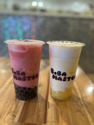 Strawberry Rose Slushie w/ Boba & Coconut Smoothie w/ Egg Pudding & Creme Brulee