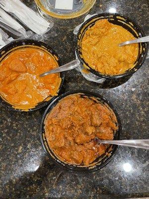 (Top Right) Madras Chicken Curry (Top Left) Chicken Tikka Masala (Bottom Right) Lamb Rogan Josh