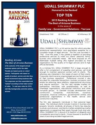 Udall Shumway PLC has once again been recognized as a top law firm by Ranking Arizona 2015