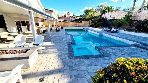 backyard remodeling with pavers, artificial turf, pool remodeling, patio cover, outdoor kitchen, retaining wall