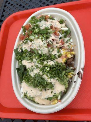 Steak bowl w/ guac and queso