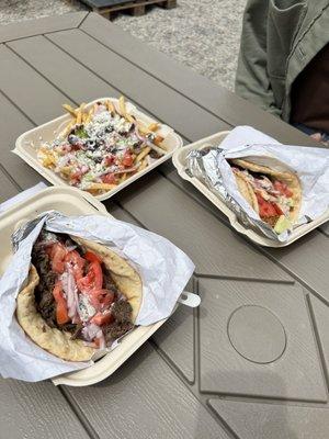 Loaded fries, steak pita, falafel pita!