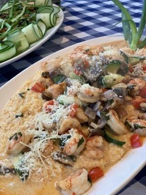 Shrimp & Grits: definitely one of our most requested dishes. We use only organic stoneground grits.