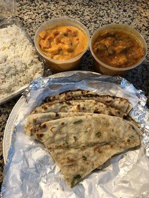 Takeout! Garlic naan, chicken tikka masala, and chicken curry