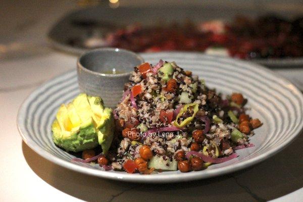 Mediterranean Bowl ($18) - farro and quinoa salad, tomato, cucumber, avocado, greek vinaigrette (requested on the side)