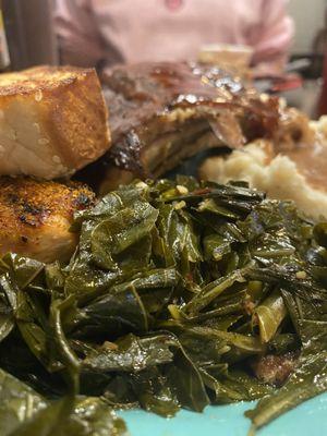 Ribs, Cajun Chicken, Collards, Mashed Potatoes, Toast