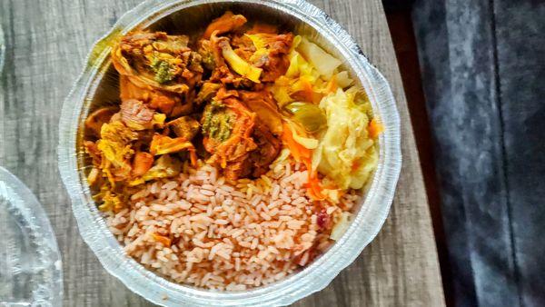 Curry Chicken with Cabbage & Rice and Peas.