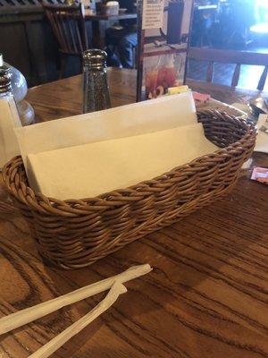 Food and napkin utensil basket on table.