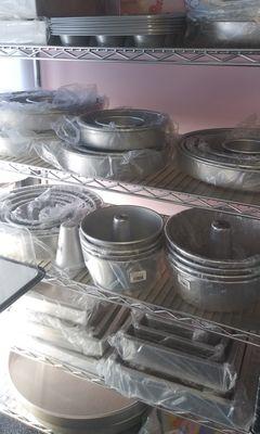 4 inch- through 16 inch ( 2 inch deep and 3 inch deep ) Cake pans. 1/4 and 1/2 Sheet Cake Pans- Tube Pans (2 sizes)