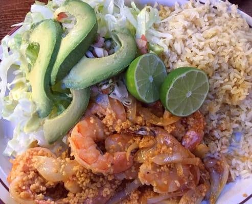 Garlic Shrimp with rice and avocado salad (opted for no fries)