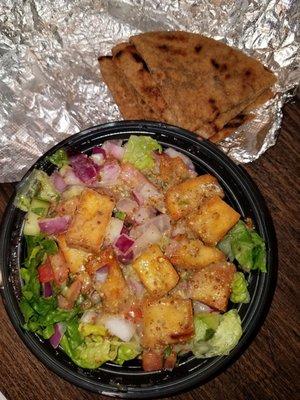 Shepherd's Salad (romaine, cukes, tomato, red onion, fresh parsley and fried pita croutons with lemon dressing)