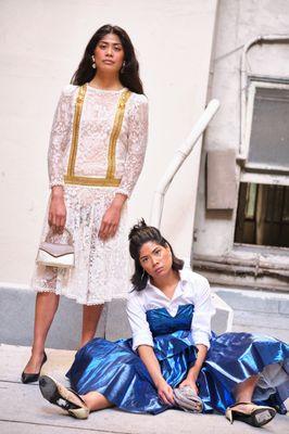 1970s Gunne Sax Dress and 1970s/80s disco glam blue lamé foil dress.