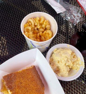 Mac and Cheese, Potato Salad, and Corn Bread.