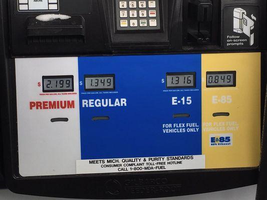 Premium gasoline, regular, E15, and E85, each out of its own nozzle. Note how E15 has a "for flex fuel vehicles only" warning at this pump.